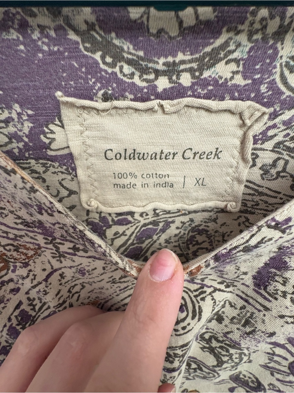 Coldwater Creek Cream Paisley Long-Sleeve Tee with Purple and Brown Motifs - Picture 2 of 4